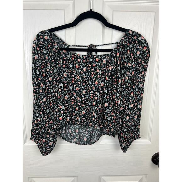 American Eagle Black Pink Floral Ballon Sleeve Tie Open Back Cropped Blouse XS - Picture 7 of 8
